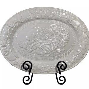 White Ceramic Embossed Oval Turkey Serving Platter Christmas Thanksgiving
